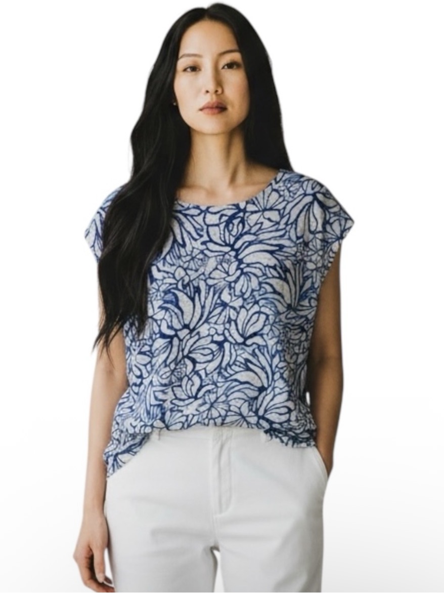 Martha Stewart Collection 100 Linen Blue Floral CapSleeve Womens Top Martha Stewart Collection 100 Linen Blue Floral CapSleeve Womens Top